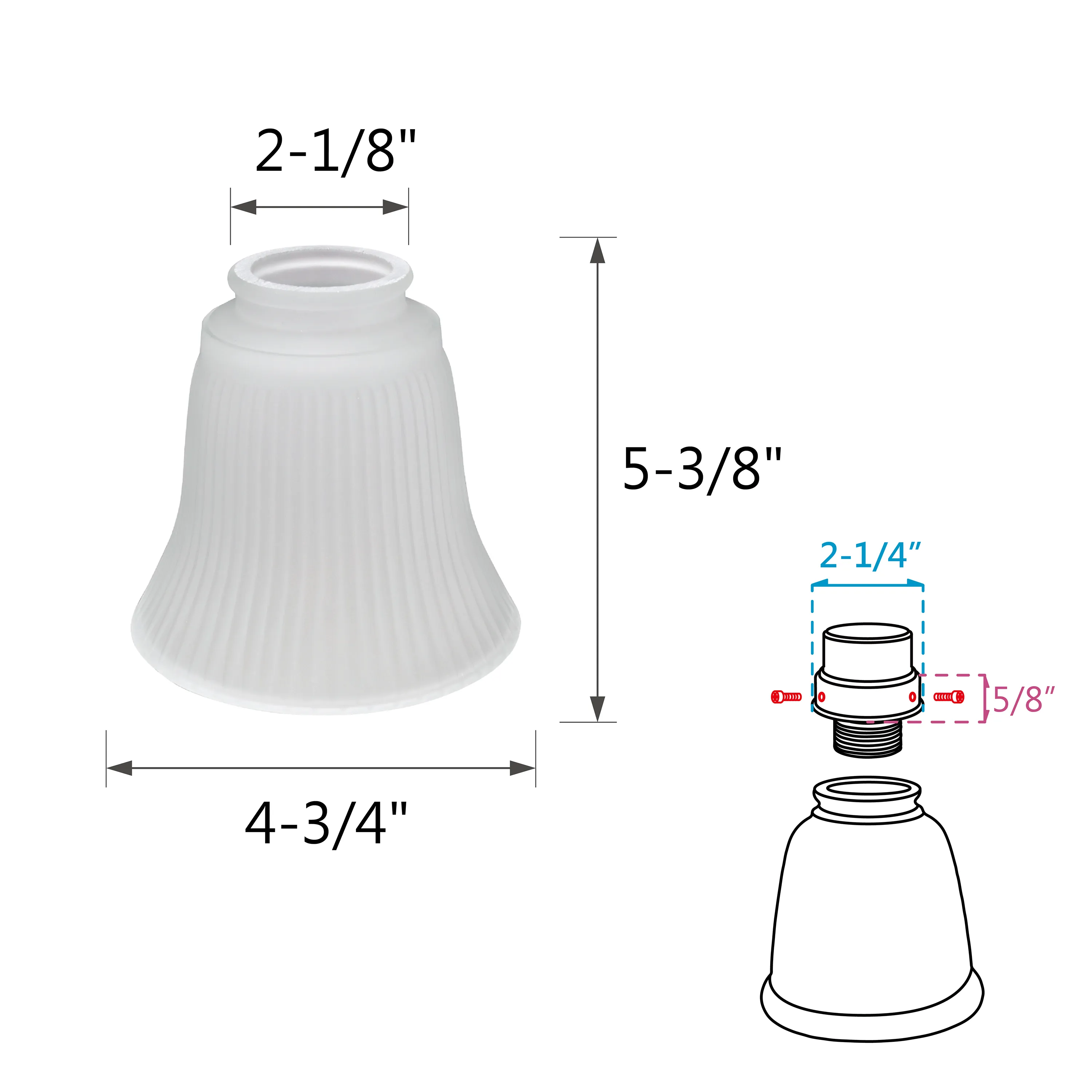 # 23036-4 Transitional Style Replacement Frosted Ribbed Glass Shade, 2 1/4" Fitter Size, 4 5/8" high x 4 3/4" diameter, 4 Pack