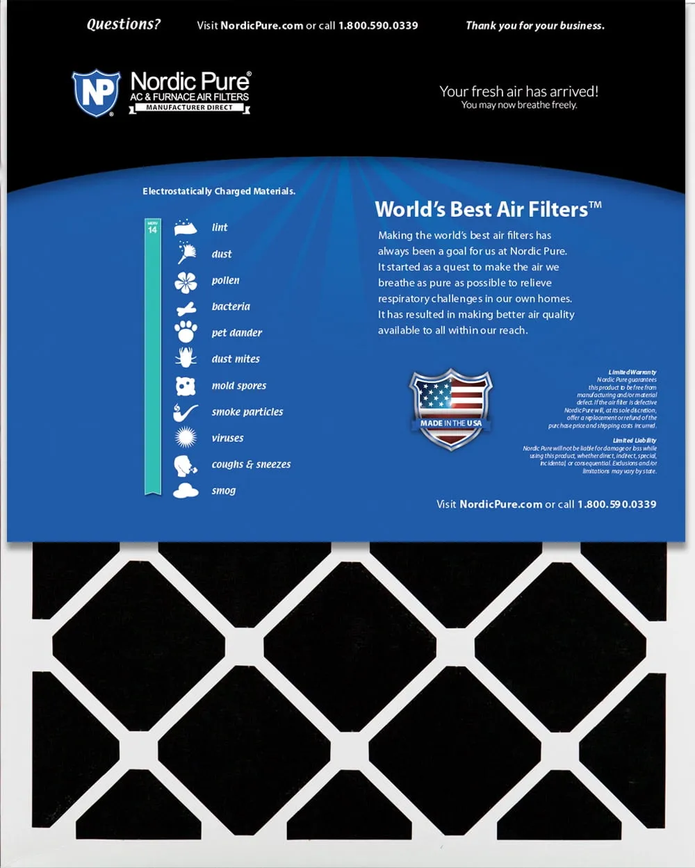 14x20x1 (13_1/2x19_1/2) Pleated Air Filters MERV 14 Plus Carbon 3 Pack