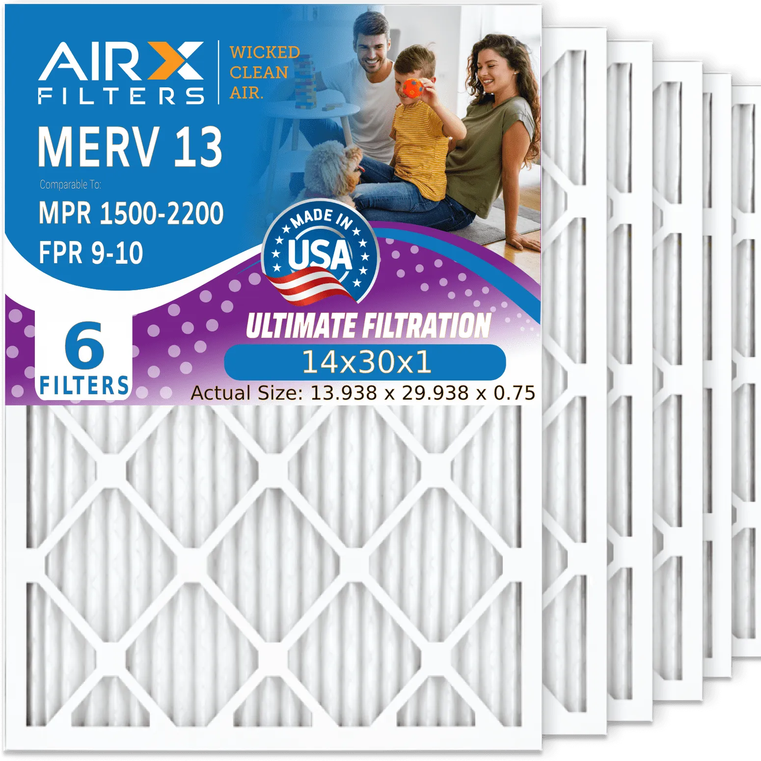 14x30x1 Air Filter MERV 13 Comparable to MPR 1500 - 2200 & FPR 9 Electrostatic Pleated Air Conditioner Filter 6 Pack HVAC AC Premium USA Made 14x30x1 Furnace Filters by AIRX FILTERS WICKED CLEAN AIR.