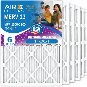 14x30x1 Air Filter MERV 13 Comparable to MPR 1500 - 2200 & FPR 9 Electrostatic Pleated Air Conditioner Filter 6 Pack HVAC AC Premium USA Made 14x30x1 Furnace Filters by AIRX FILTERS WICKED CLEAN AIR.
