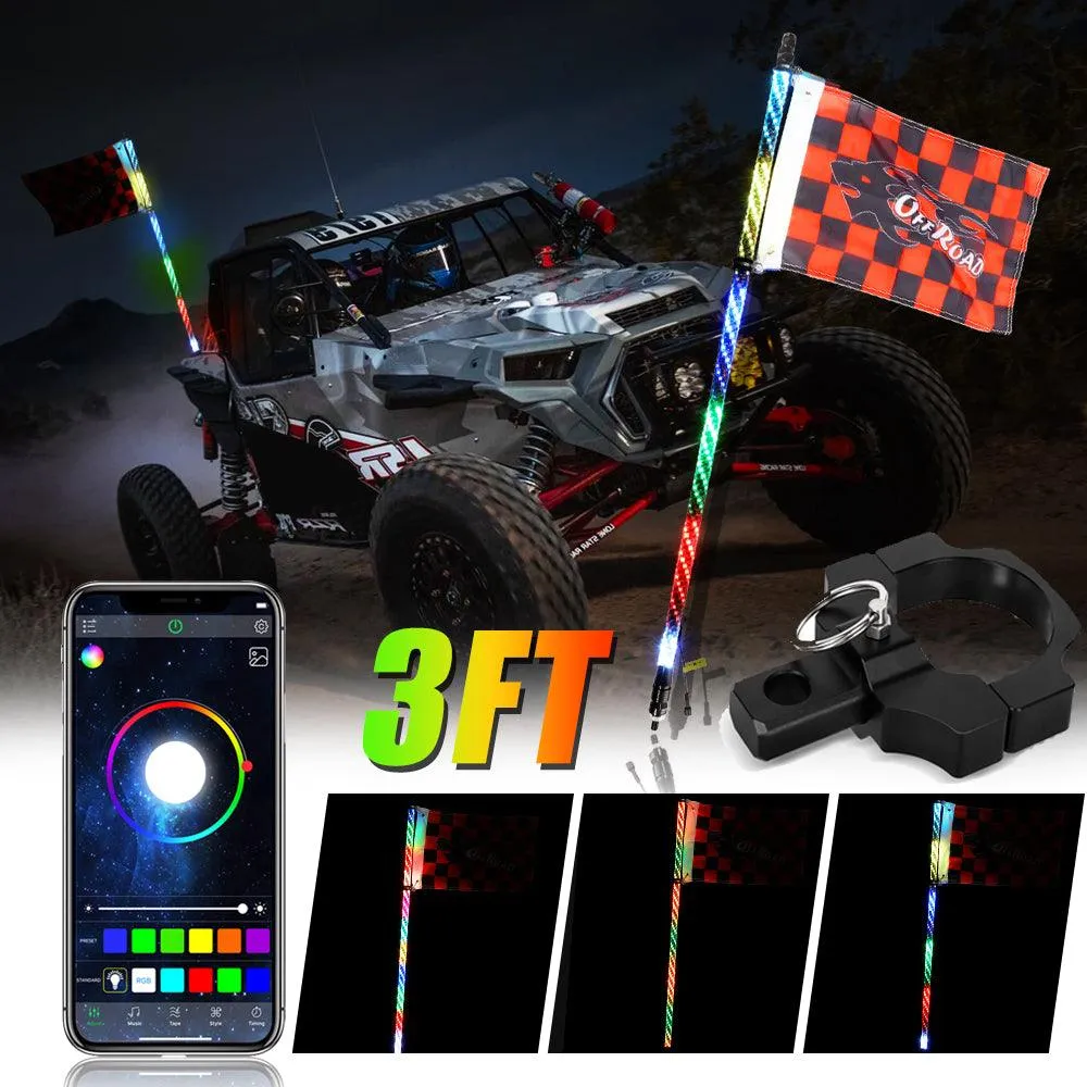 3FT/4FT RGB LED Whip Light with Bluetooth Controlled   Whip Light Mounting Brackets for UTV, ATV, Off-road Vehicle
