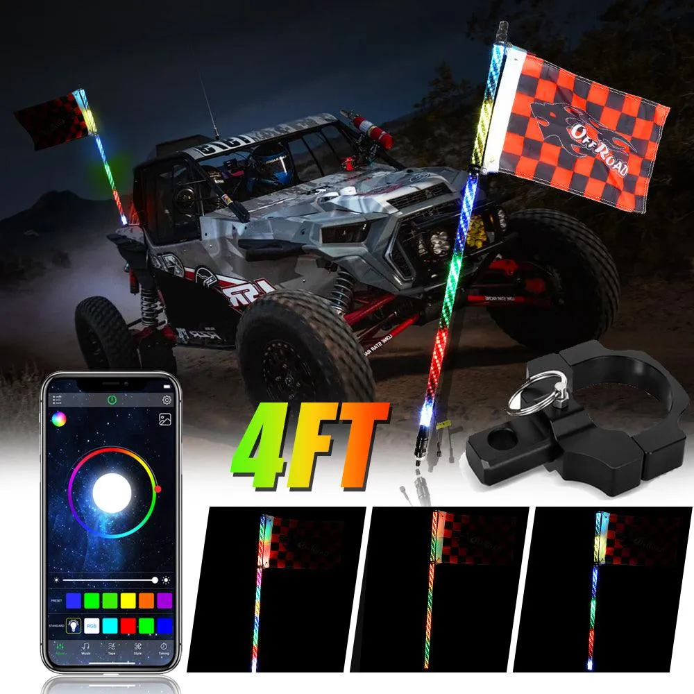 3FT/4FT RGB LED Whip Light with Bluetooth Controlled   Whip Light Mounting Brackets for UTV, ATV, Off-road Vehicle