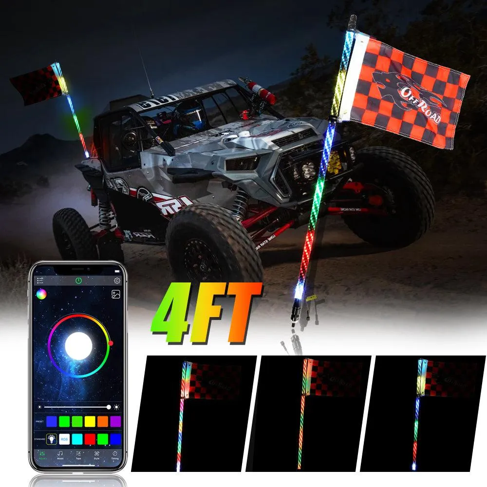 3FT/4FT RGB LED Whip Light with Bluetooth Controlled   Whip Light Mounting Brackets for UTV, ATV, Off-road Vehicle