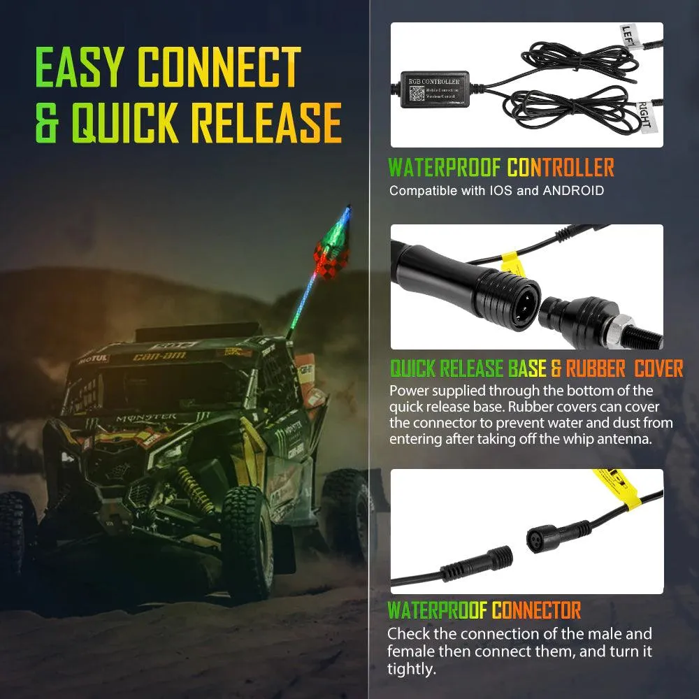 3FT/4FT RGB LED Whip Light with Bluetooth Controlled   Whip Light Mounting Brackets for UTV, ATV, Off-road Vehicle