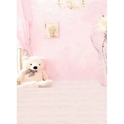3x4m Pastel Pink Photography Background & White Bear (Baby Design 1) - CLEARANCE