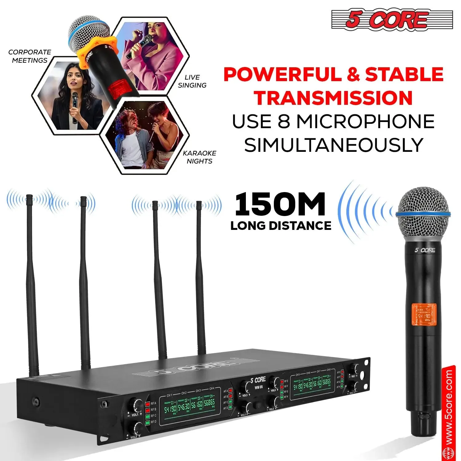5 Core Wireless Microphones 8 Channel Dynamic Professional UHF Singing Mic System