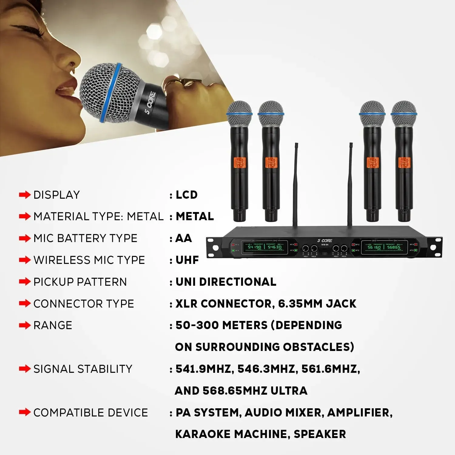5 Core Wireless Microphones 8 Channel Dynamic Professional UHF Singing Mic System