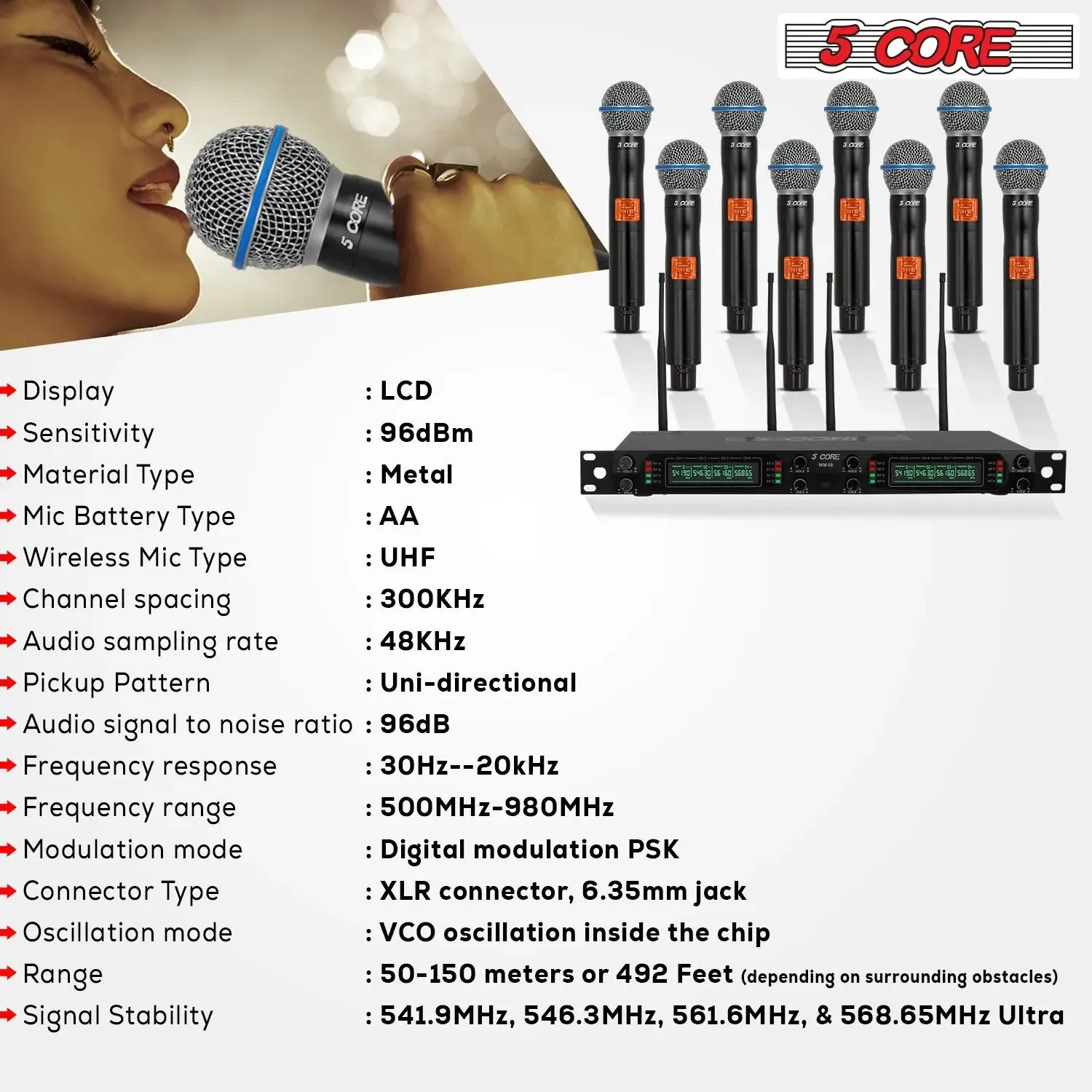 5 Core Wireless Microphones 8 Channel Dynamic Professional UHF Singing Mic System