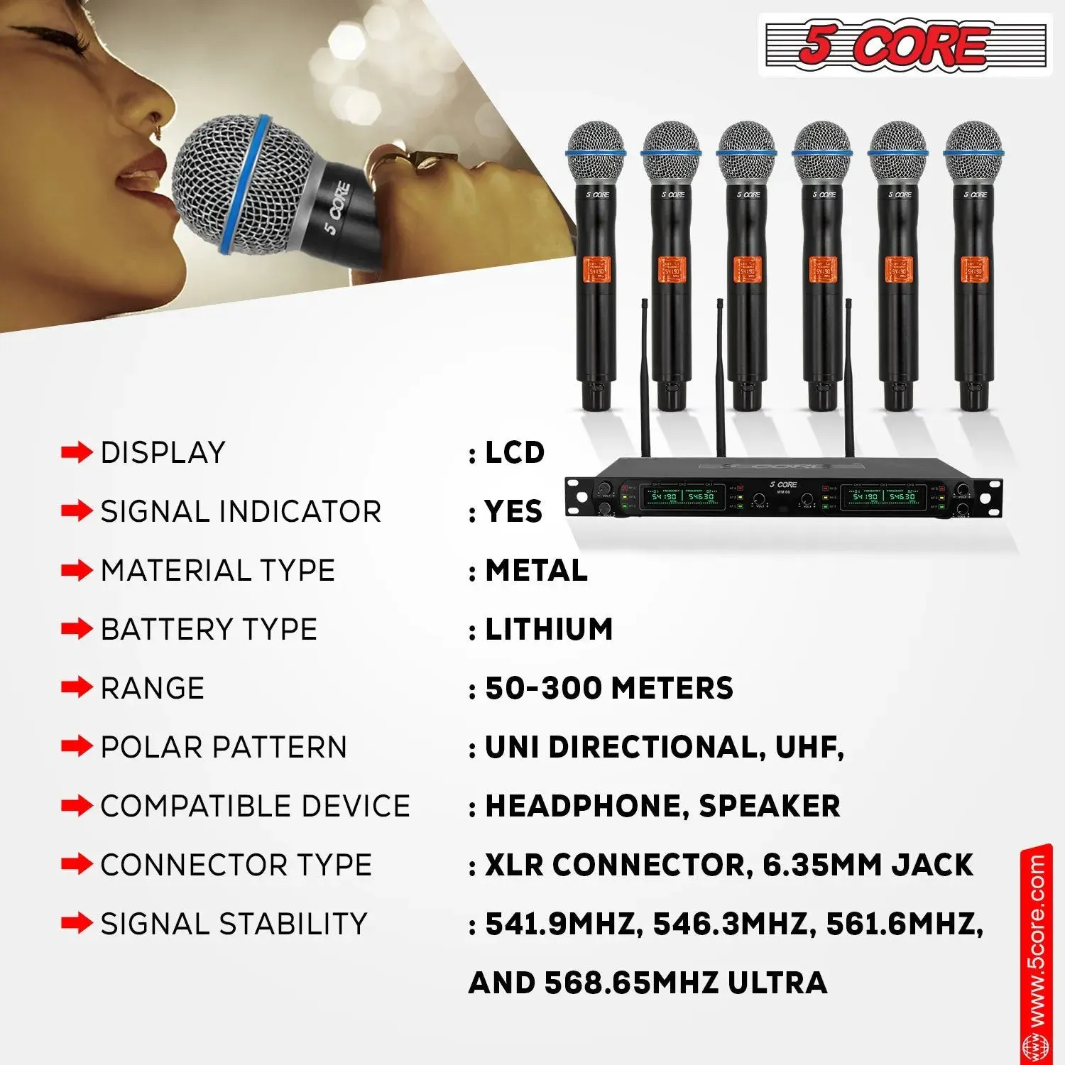 5 Core Wireless Microphones 8 Channel Dynamic Professional UHF Singing Mic System