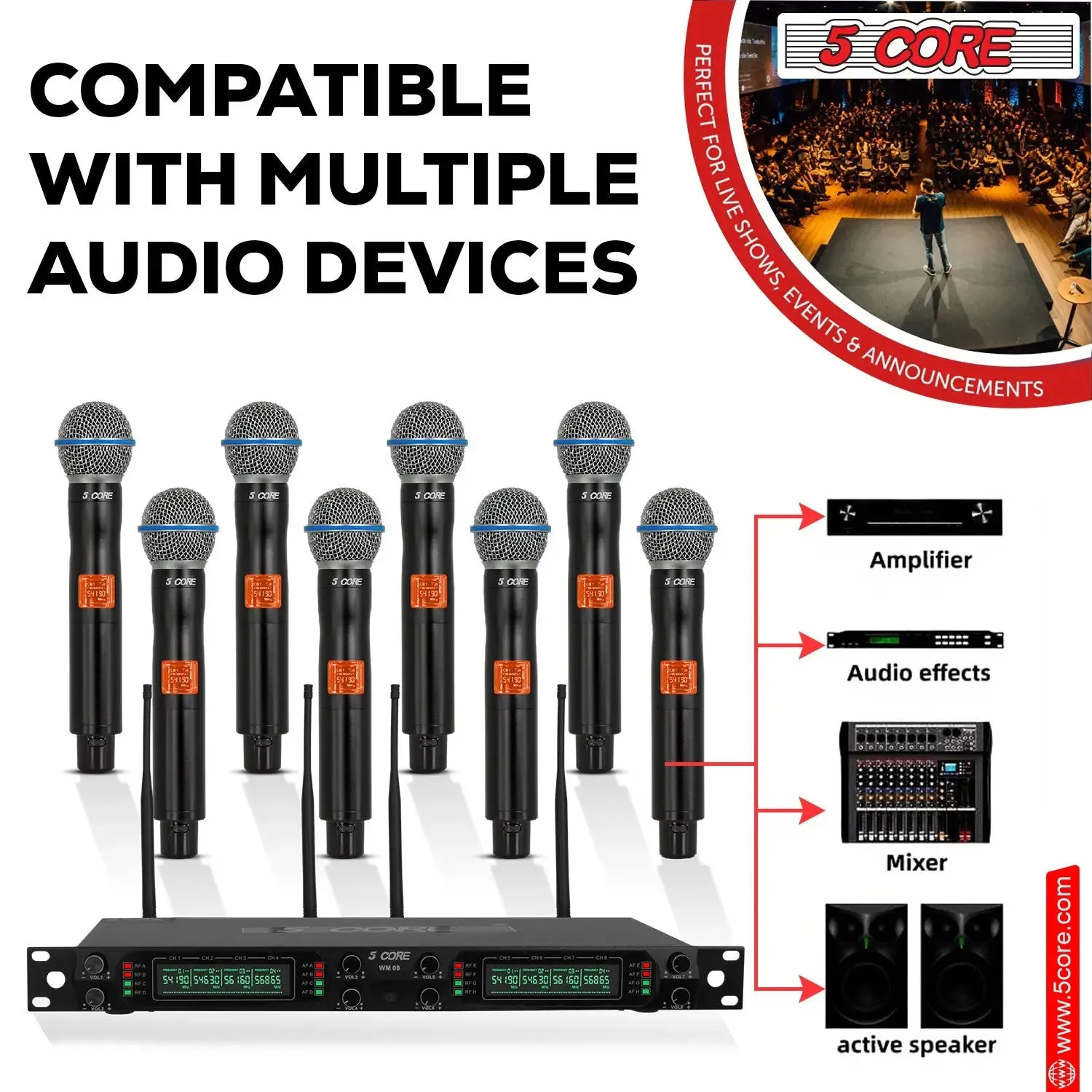 5 Core Wireless Microphones 8 Channel Dynamic Professional UHF Singing Mic System