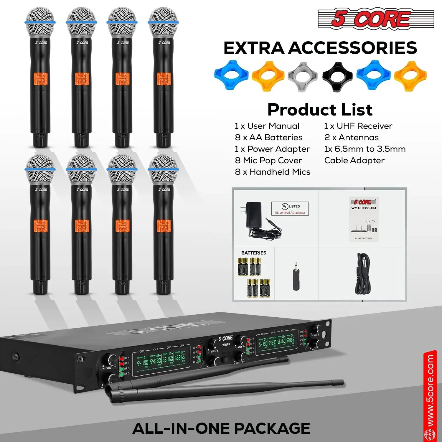 5 Core Wireless Microphones 8 Channel Dynamic Professional UHF Singing Mic System