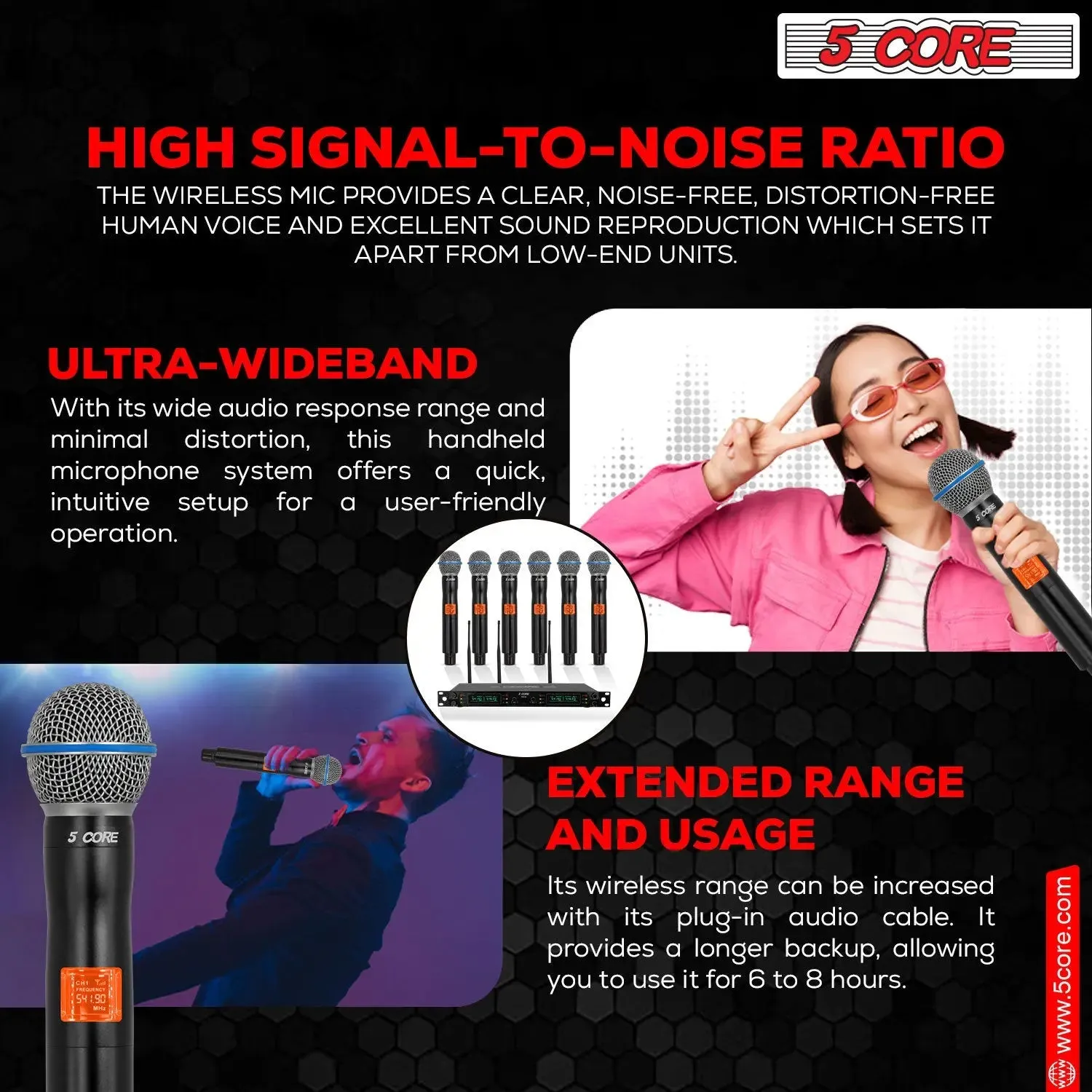 5 Core Wireless Microphones 8 Channel Dynamic Professional UHF Singing Mic System