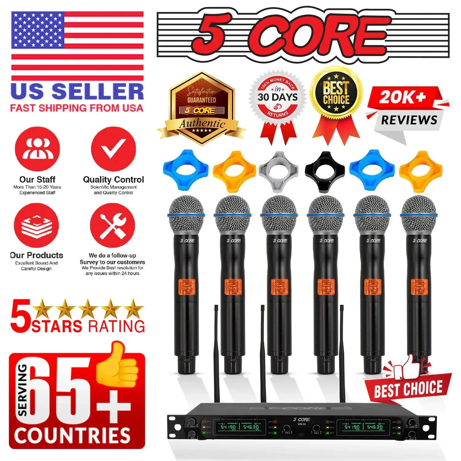 5 Core Wireless Microphones 8 Channel Dynamic Professional UHF Singing Mic System