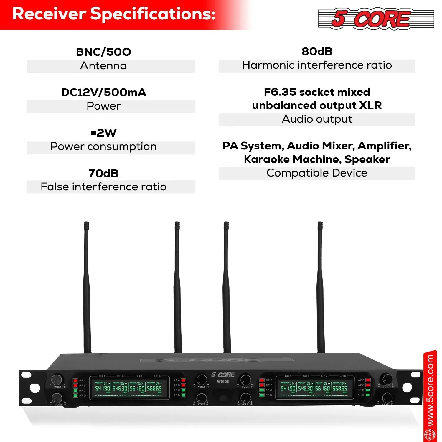 5 Core Wireless Microphones 8 Channel Dynamic Professional UHF Singing Mic System