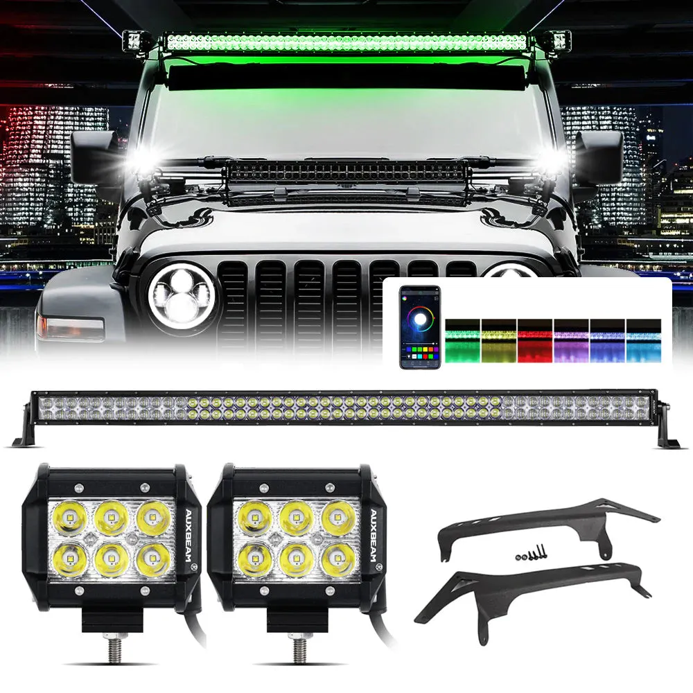 52" V-PRO Series RGBW LED Light Bars   4" LED Pods  52" Windshield Mounting Brackets for 2018-2021 Jeep Wrangler JL