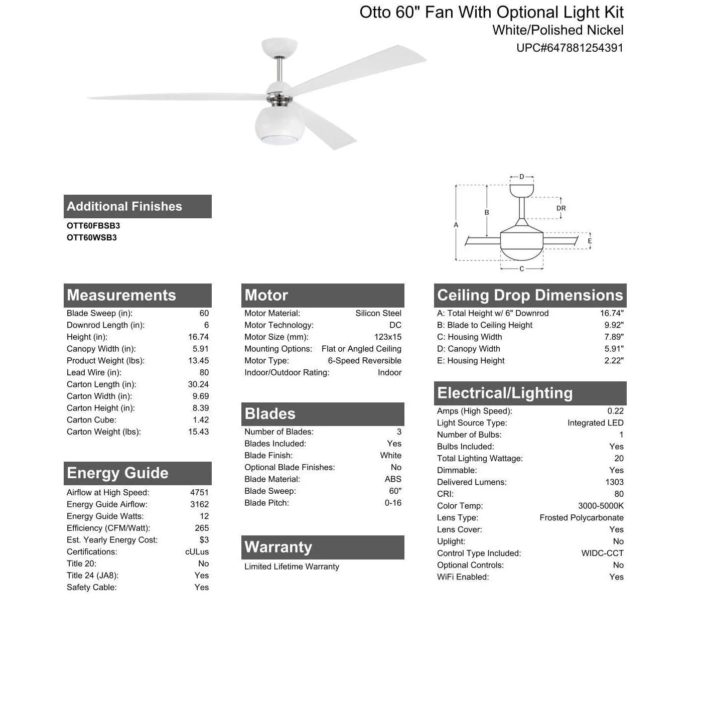 60" Otto in White/Polished Nickel w/ White Blades