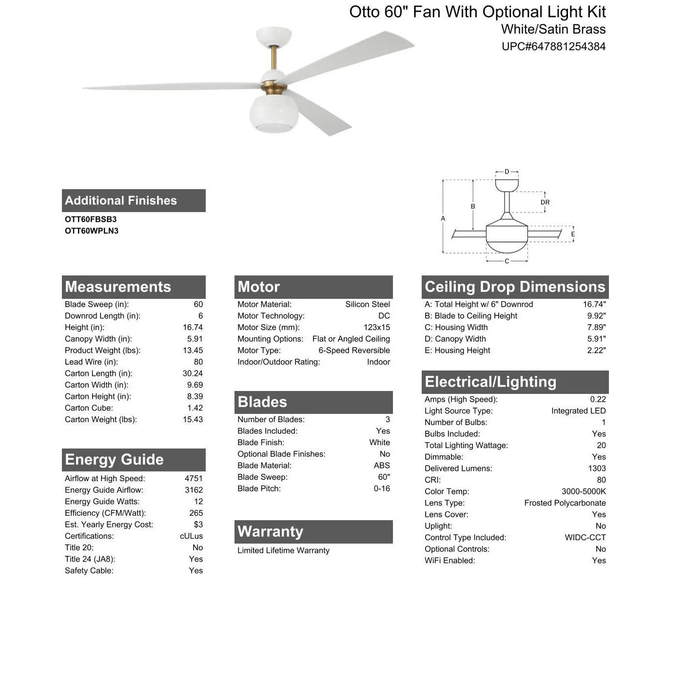 60" Otto in White/Satin Brass w/ White Blades