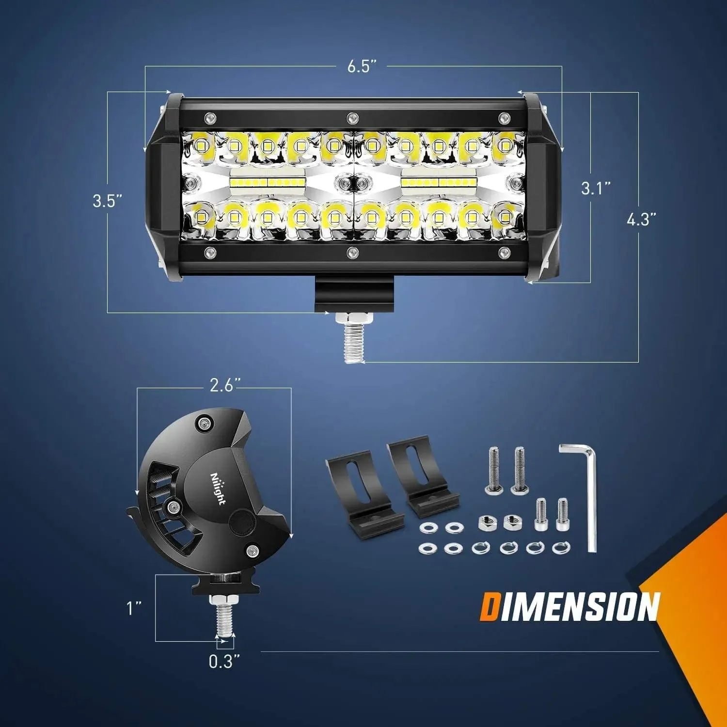 6.5 Inch 120W Triple Row Spot Flood LED Light Bars (Pair) | 16AWG Wire 5Pin Switch