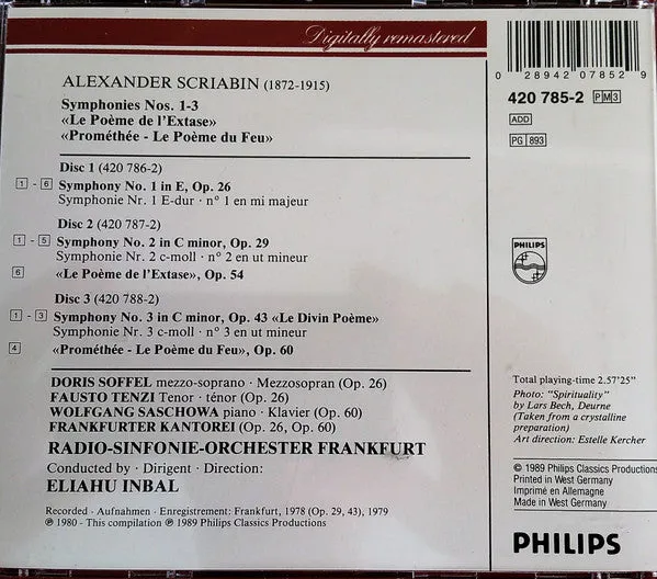 Alexander Scriabine, Radio-Sinfonie-Orchester Frankfurt, Eliahu Inbal - 3 Symphonies / Poème De L'Extase / Poème Du Feu (Promethée) - CD