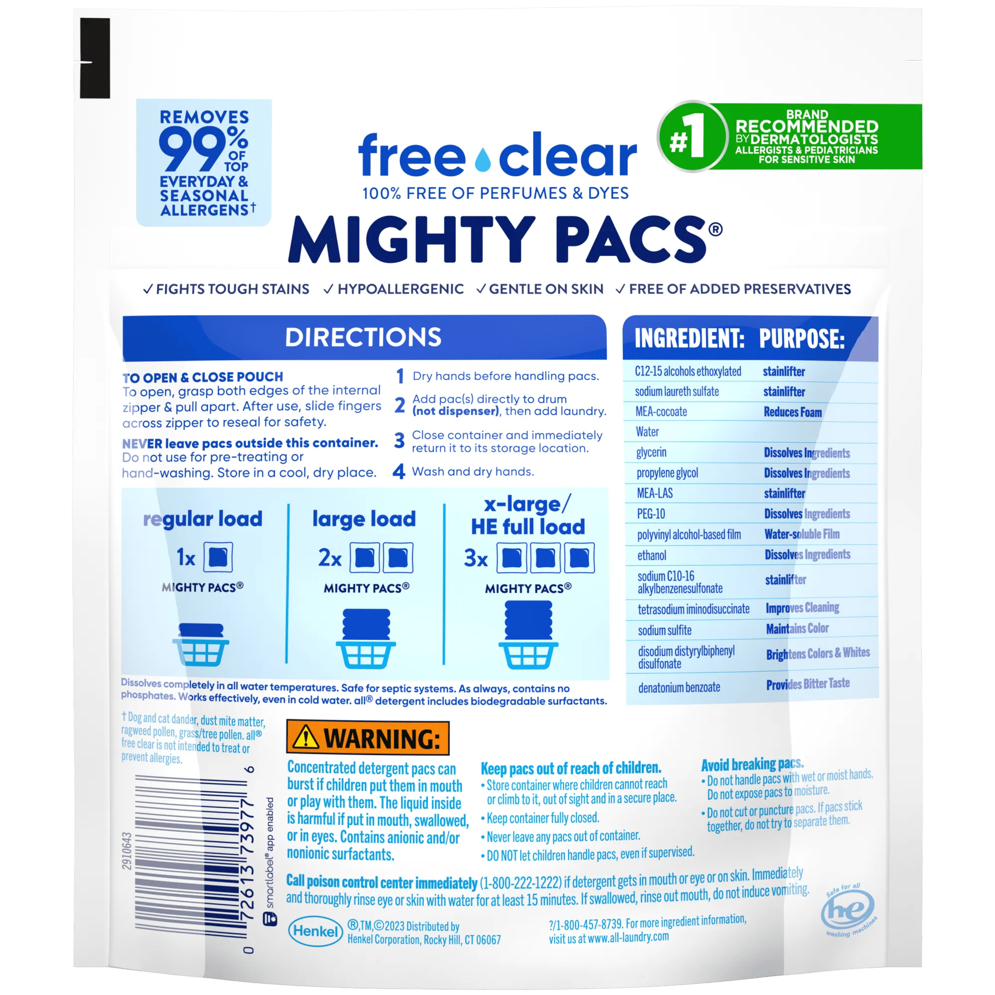 all Mighty Pacs Laundry Detergent Pacs, Free Clear for Sensitive Skin, Unscented and Dye Free, 19 Count
