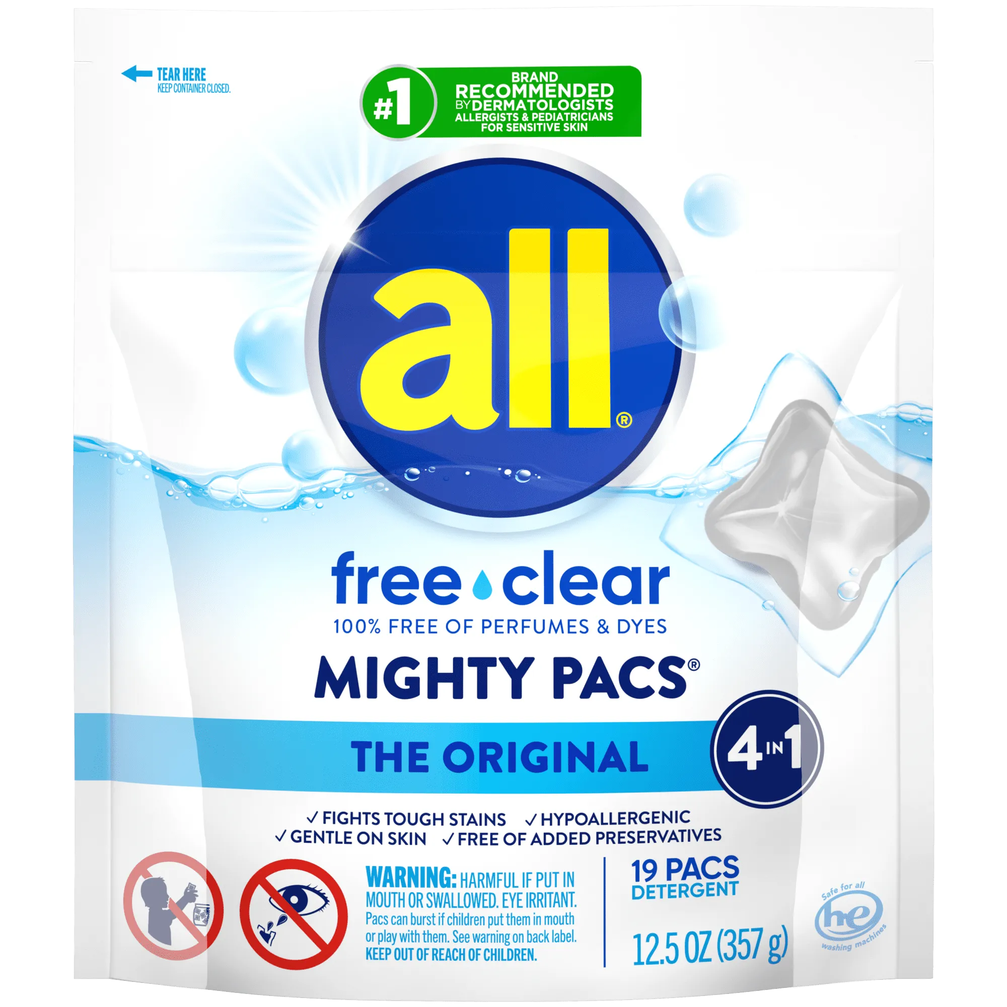 all Mighty Pacs Laundry Detergent Pacs, Free Clear for Sensitive Skin, Unscented and Dye Free, 19 Count
