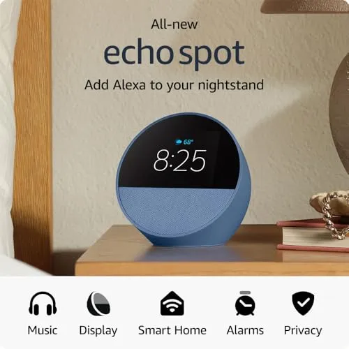 Amazon Echo Spot (2024 release), Smart alarm clock with vibrant sound   Alexa, Ocean Blue