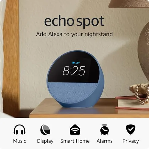 Amazon Echo Spot (2024 release), Smart alarm clock with vibrant sound   Alexa, Ocean Blue