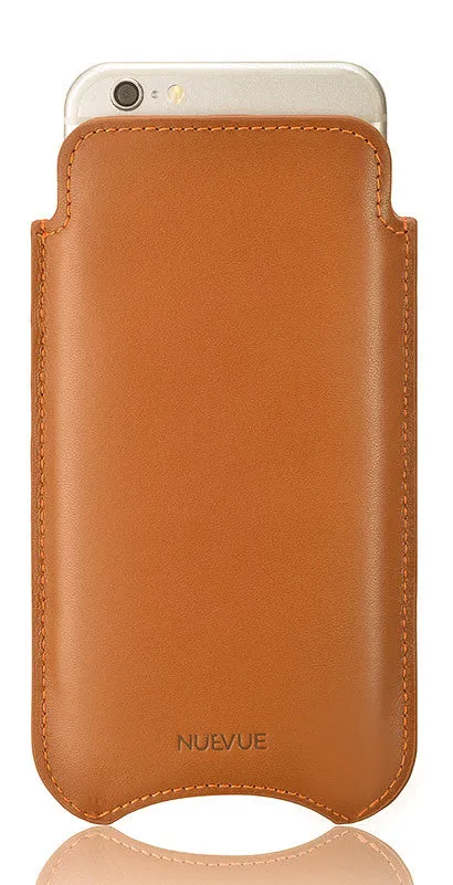 Apple iPhone 15 Pro Max Sleeve Case | Saddle Brown Leather | Screen Cleaning Sanitizing Lining | Smart Window