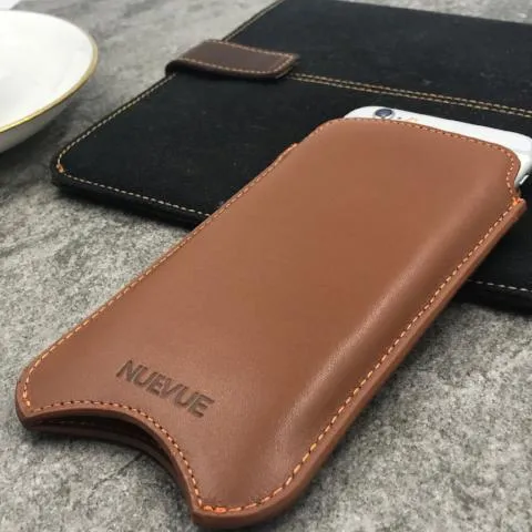 Apple iPhone 15 Pro Max Sleeve Case | Saddle Brown Leather | Screen Cleaning Sanitizing Lining | Smart Window