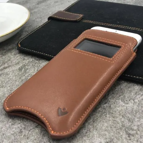 Apple iPhone 15 Pro Max Sleeve Case | Saddle Brown Leather | Screen Cleaning Sanitizing Lining | Smart Window
