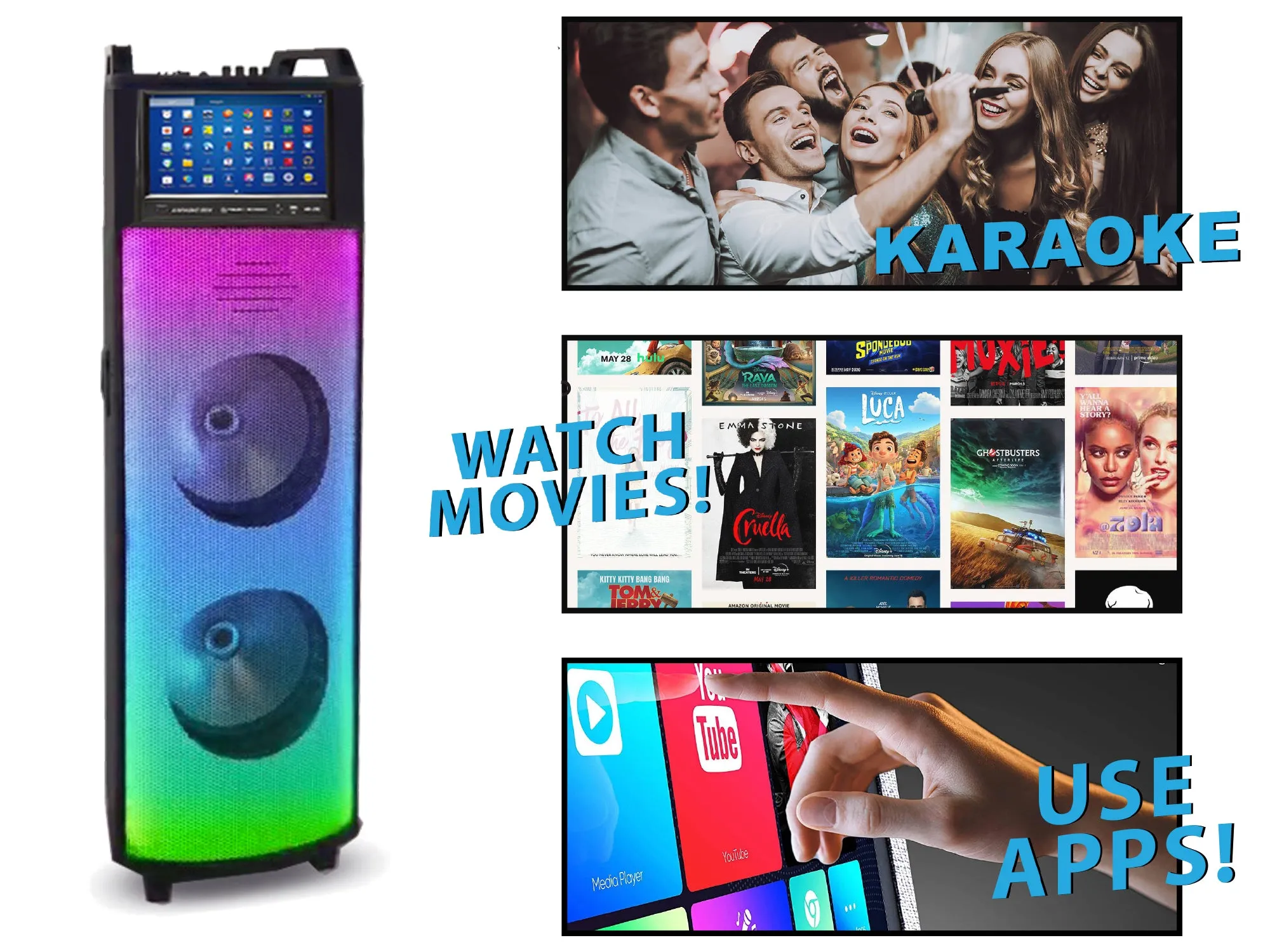 Bluetooth LED Tower Speaker with Disco Light Show & 12” Android TouchScreen