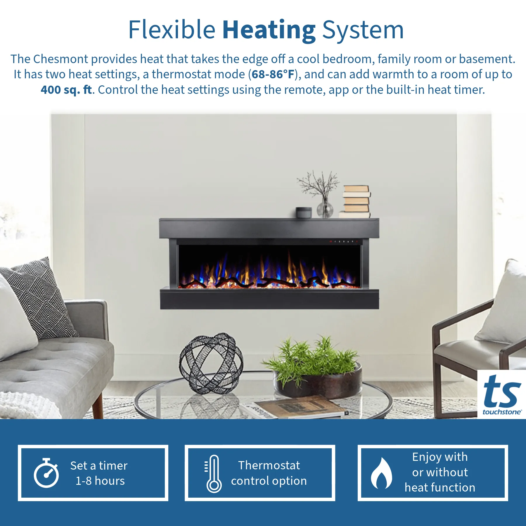 Chesmont Black 50 Inch 80034 Wall Mount 3-Sided Smart Floating Electric Fireplace (Alexa/Google Compatible)