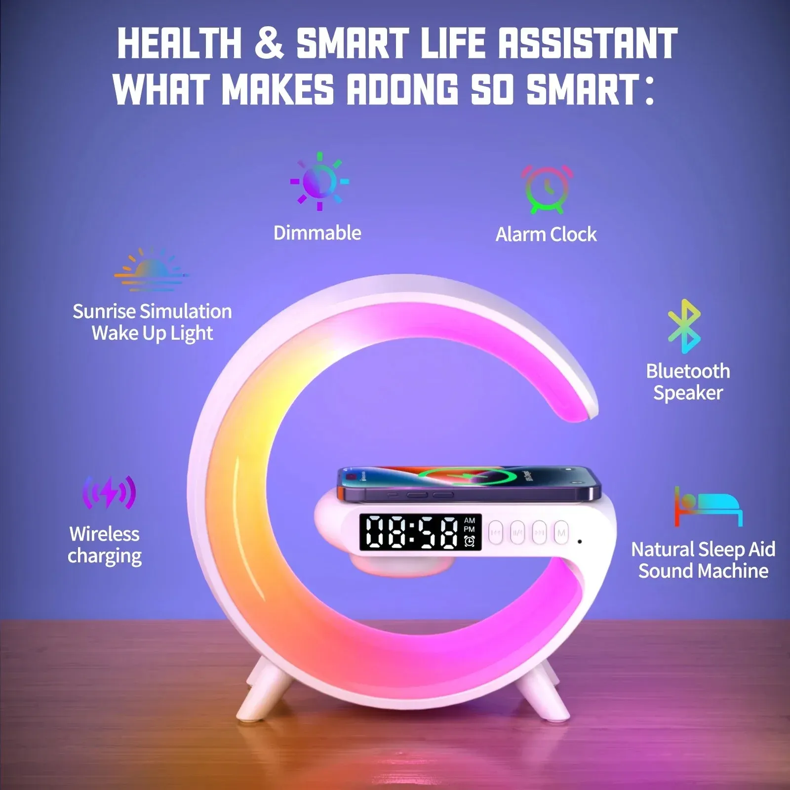 COLSUR 10W Wireless Charger Stand Pad with Bluetooth Speaker TF RGB  Multifunctional Bedside Desktop Night Light Table Lamp