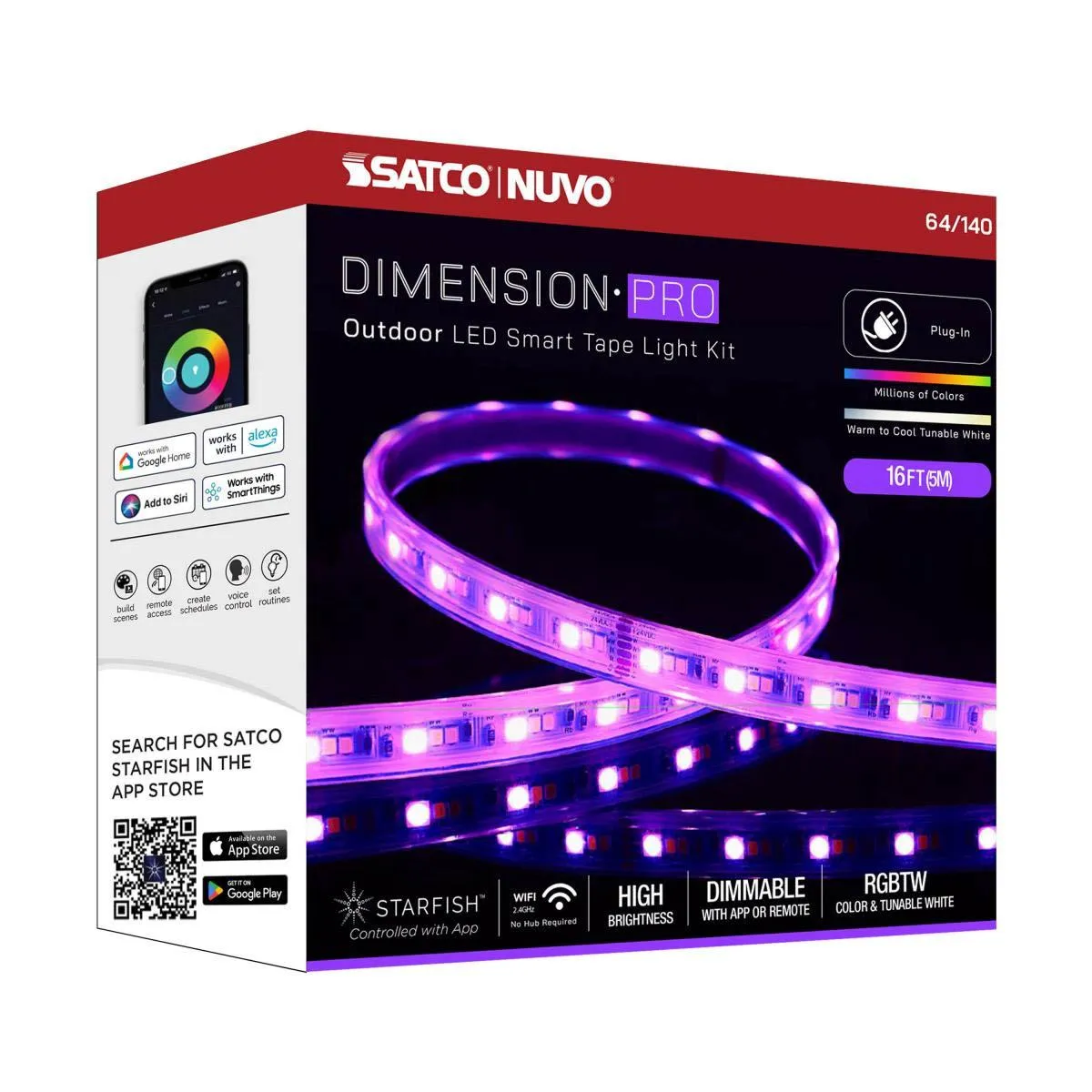Dimension Pro Outdoor Smart LED Tape Light Kit with Remote, 16ft Reel, Color Changing RGB and Tunable White, 24V, Plug Connection