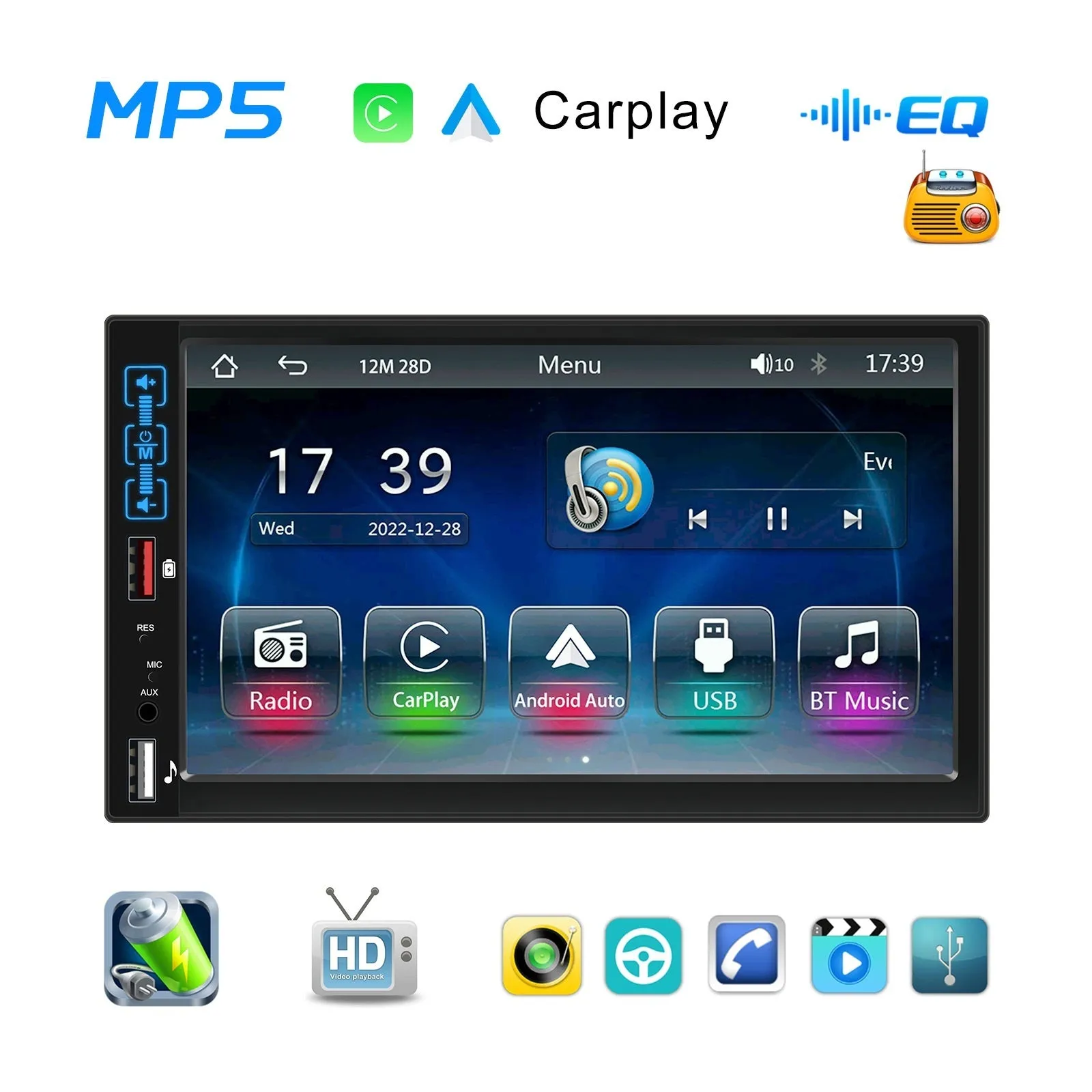 Dual Din Car Radio 7-Inch HD Screen Bluetooth Hands-Free Kit Mp5