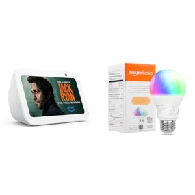 Echo Show 5 (3rd Gen)| Glacier White with Amazon Basics Smart Color Bulb