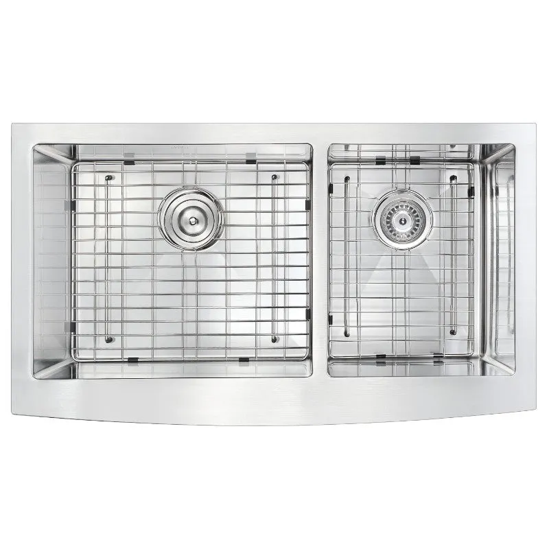 Elysian 32.88" Double Basin Farmhouse Apron Kitchen Sink with Opus Single-Handle Faucet in Polished Chrome