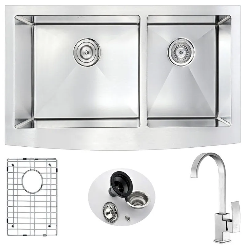 Elysian 35.88" Double Basin Farmhouse Apron Kitchen Sink with Opus Single-Handle Faucet in Brushed Nickel