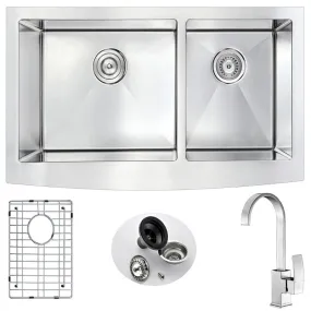 Elysian 35.88" Double Basin Farmhouse Apron Kitchen Sink with Opus Single-Handle Faucet in Brushed Nickel