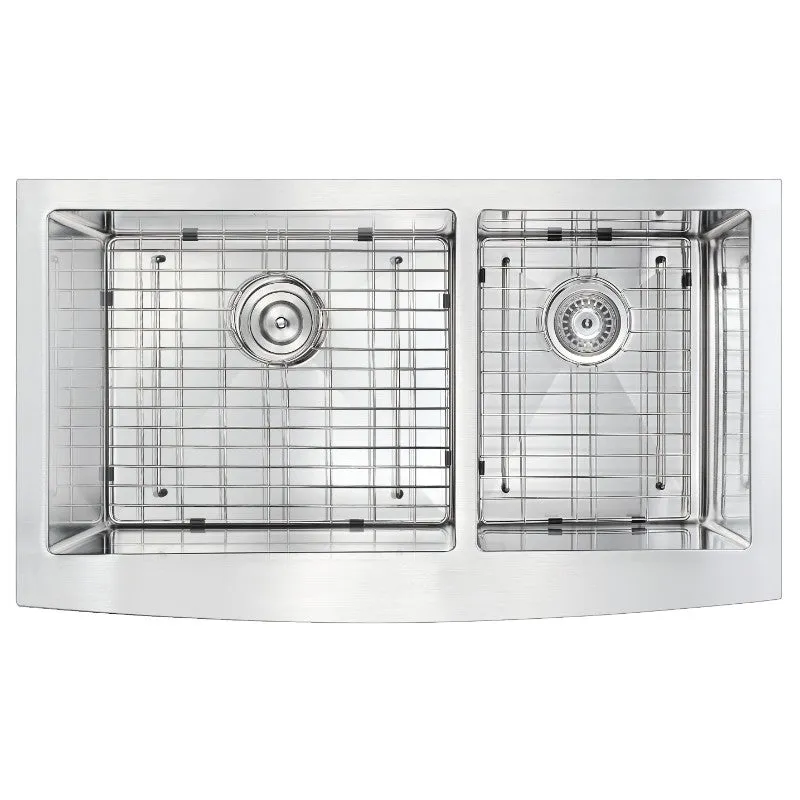 Elysian 35.88" Double Basin Farmhouse Apron Kitchen Sink with Opus Single-Handle Faucet in Brushed Nickel