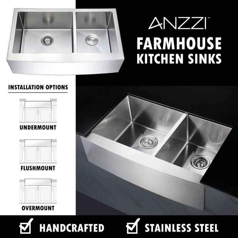 Elysian 35.88" Double Basin Farmhouse Apron Kitchen Sink with Opus Single-Handle Faucet in Brushed Nickel