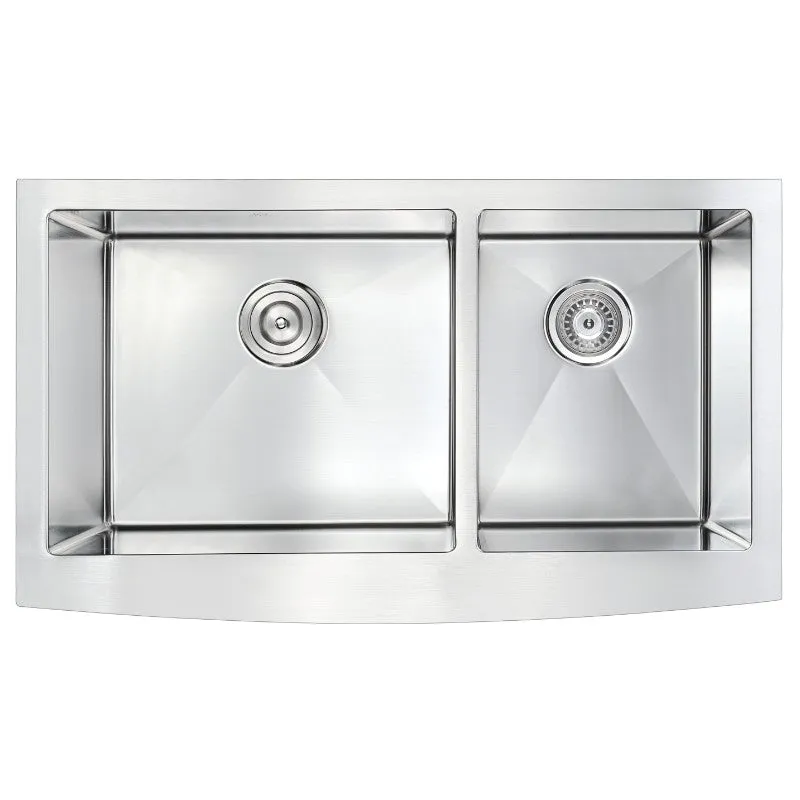 Elysian 35.88" Double Basin Farmhouse Apron Kitchen Sink with Opus Single-Handle Faucet in Brushed Nickel