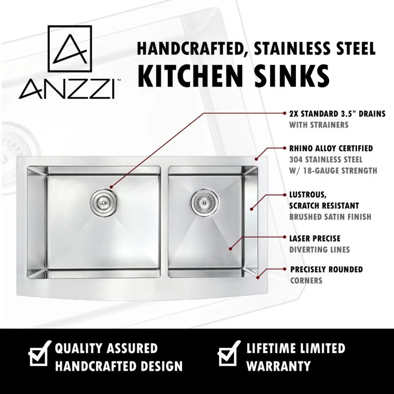 Elysian 35.88" Double Basin Farmhouse Apron Kitchen Sink with Opus Single-Handle Faucet in Brushed Nickel