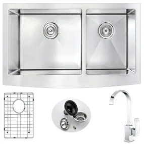 Elysian 35.88" Double Basin Farmhouse Apron Kitchen Sink with Opus Single-Handle Faucet in Polished Chrome