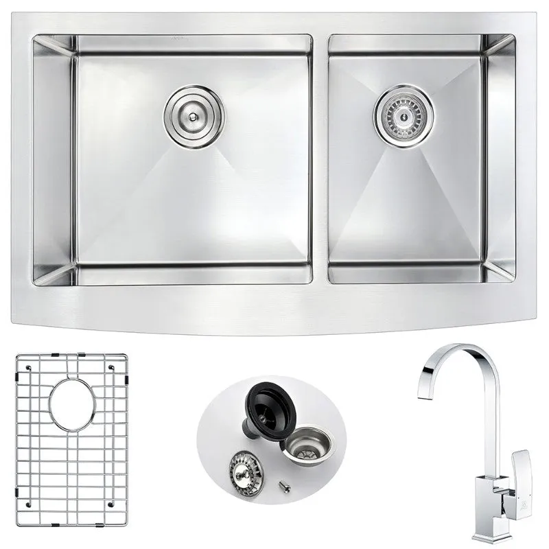 Elysian 35.88" Double Basin Farmhouse Apron Kitchen Sink with Opus Single-Handle Faucet in Polished Chrome