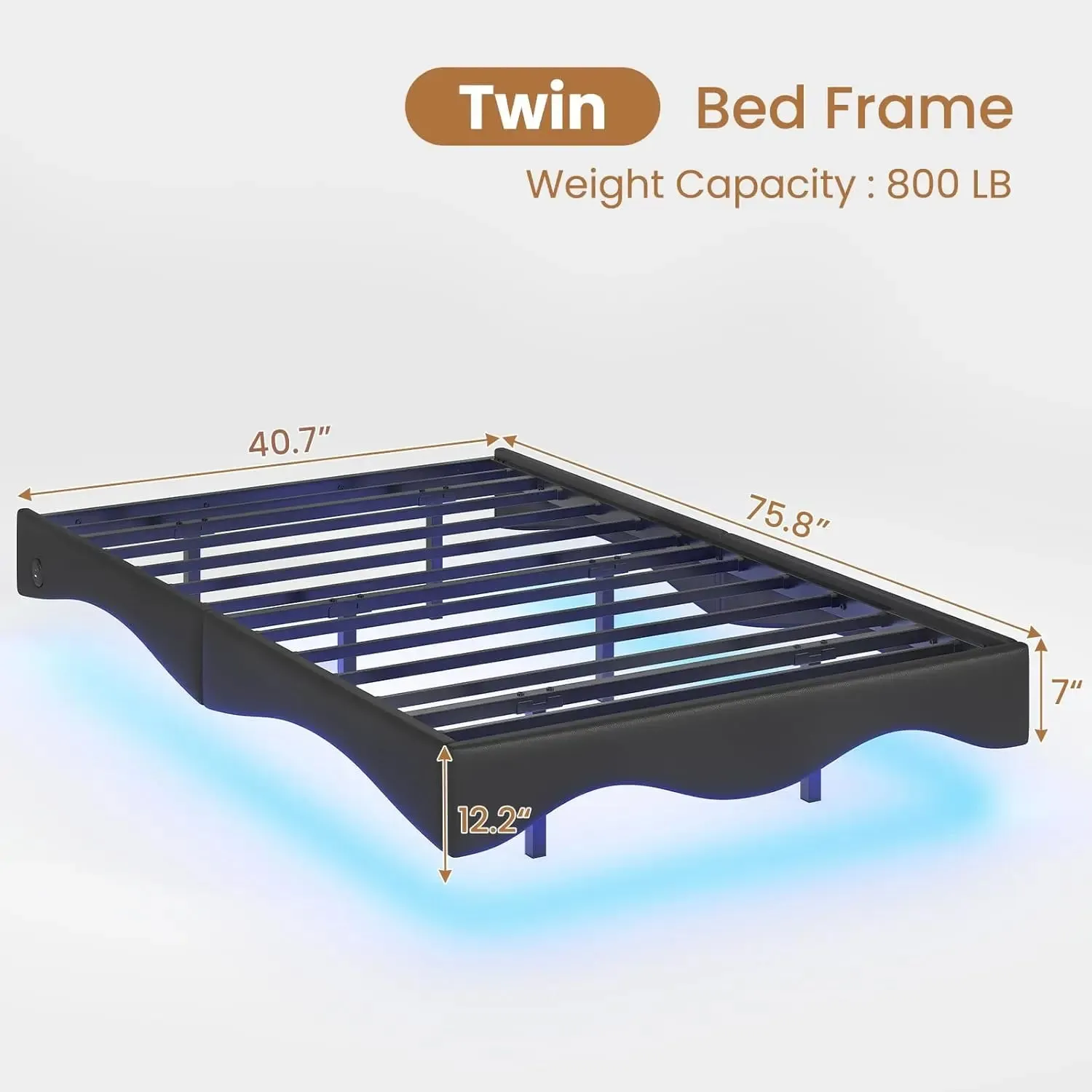 Floating double bed frame with charging station and LED light, leather wave-shaped structure stable without spring