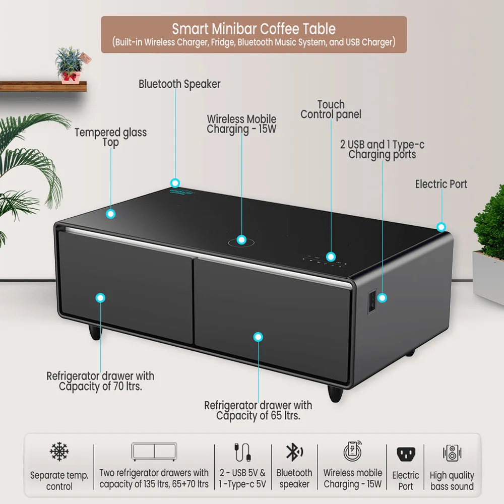 Generaltec Smart Table with Refrigerator and Speakers GMBST2BK - Black