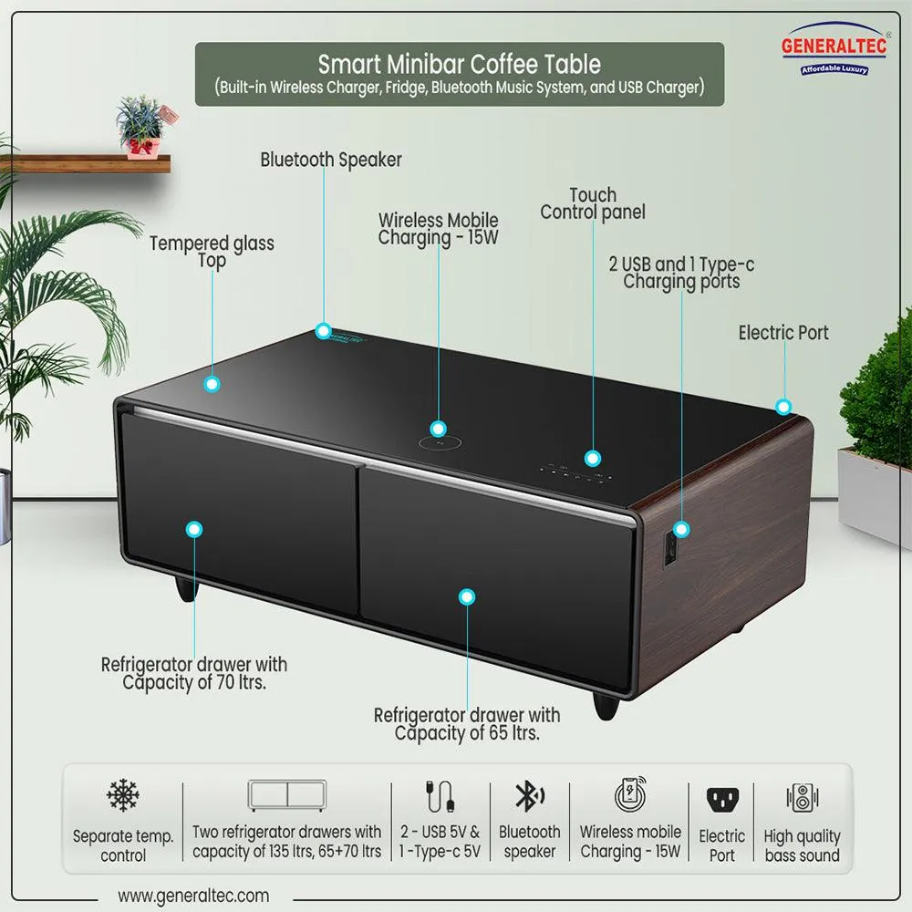 Generaltec Smart Table with Refrigerator and Speakers GMBST4DN - Wood