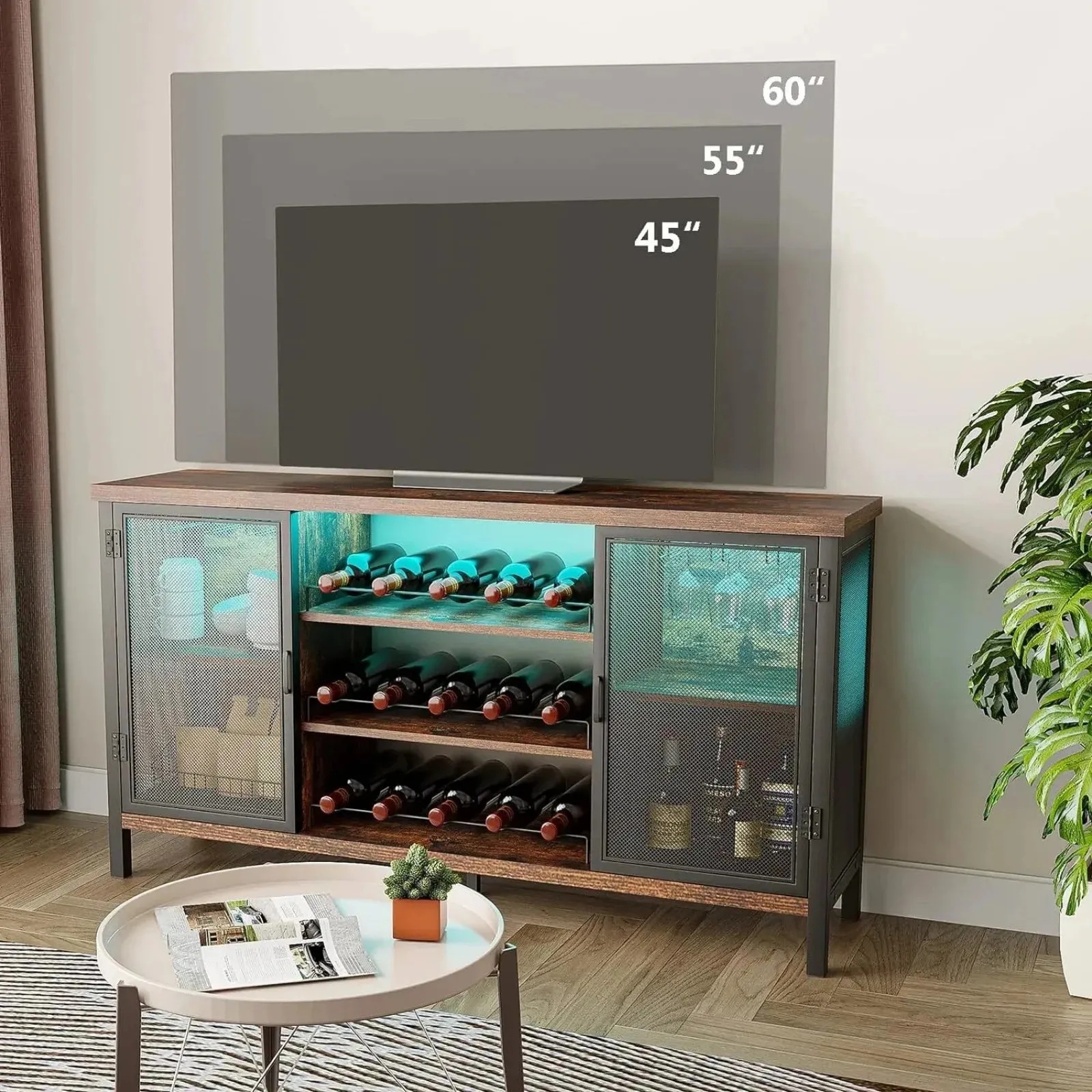 LED Adjustable Rustic Home Wine Bar Cabinet with 2 Hinged Doors