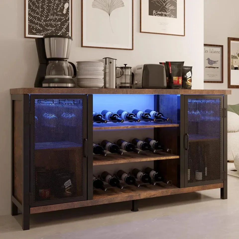 LED Adjustable Rustic Home Wine Bar Cabinet with 2 Hinged Doors